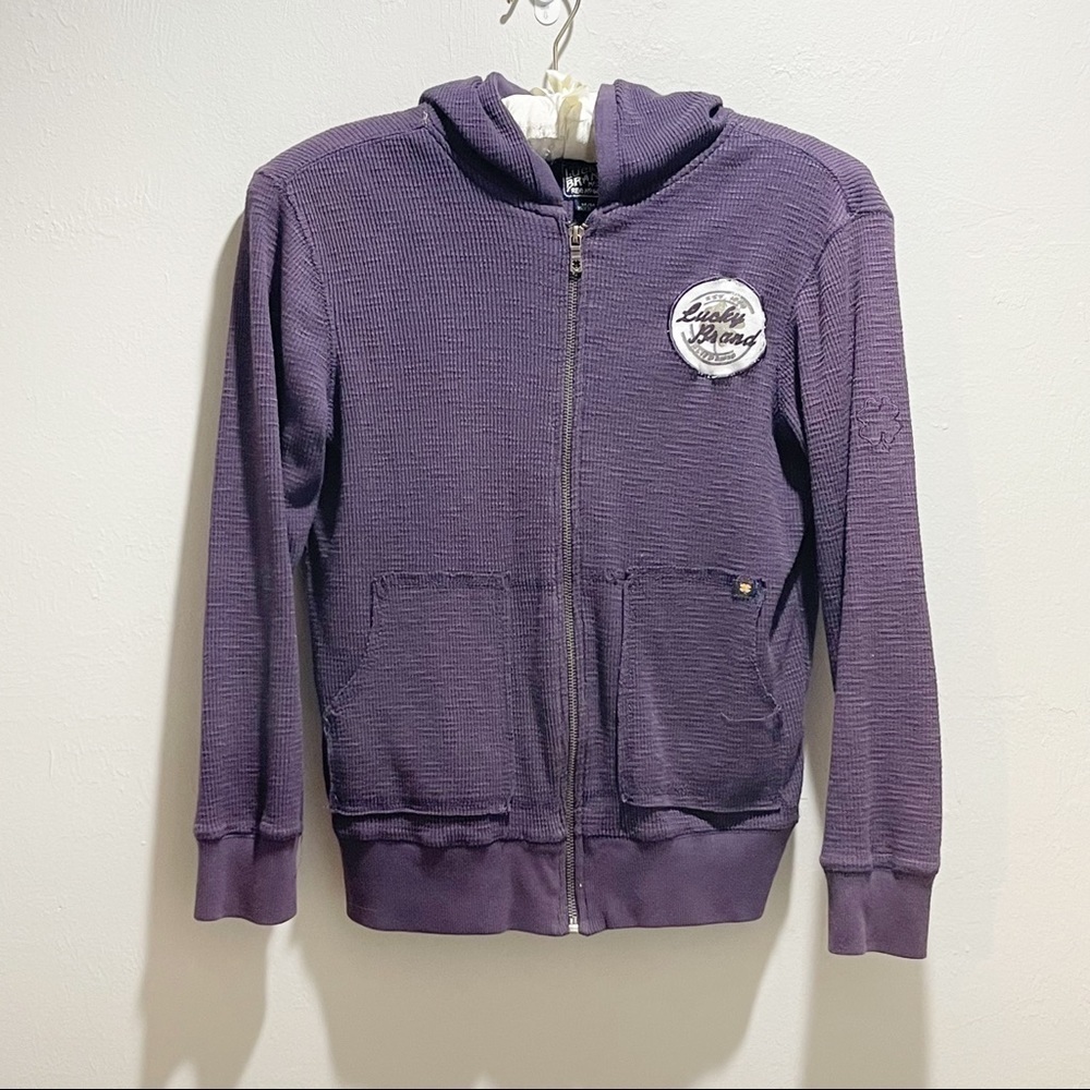 🍀LUCKY BRAND Women’s Purple Thermal Waffle Knit Kangaroo Pocket Hoodie Size M